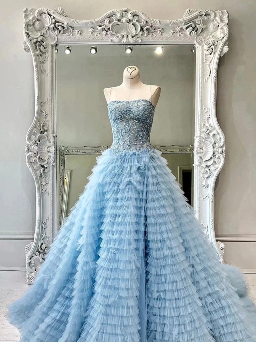 Sherri him Blue & White Tulle Ball Gown